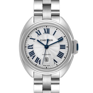 Cartier Cle Silver Guilloche Dial Automatic Steel Ladies Watch  